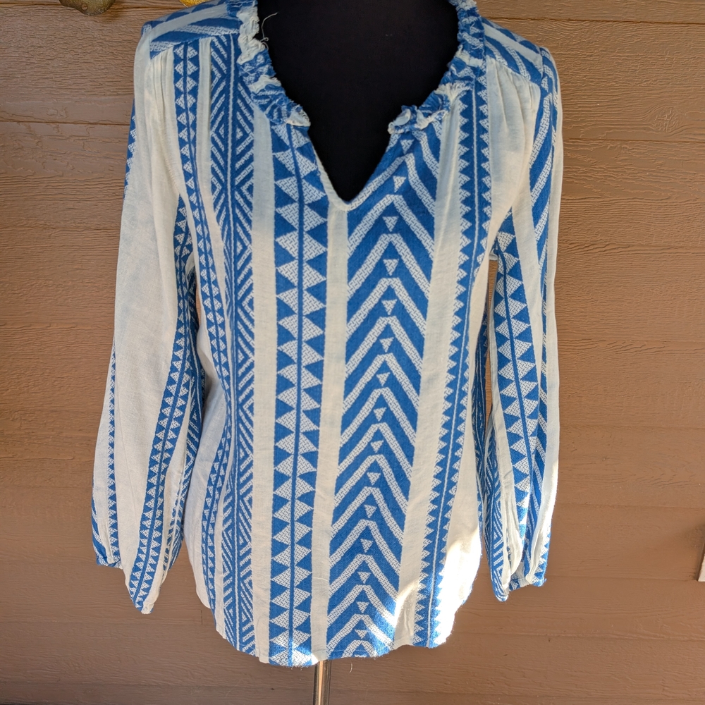 Dylan Blue and White Boho Western Patterned Blouse